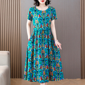 时尚 新款 洋气棉绸连衣裙女夏季 收腰显瘦圆领中老年人造棉印花裙子