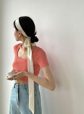 纯色细长条绑包雪纺ins窄丝巾