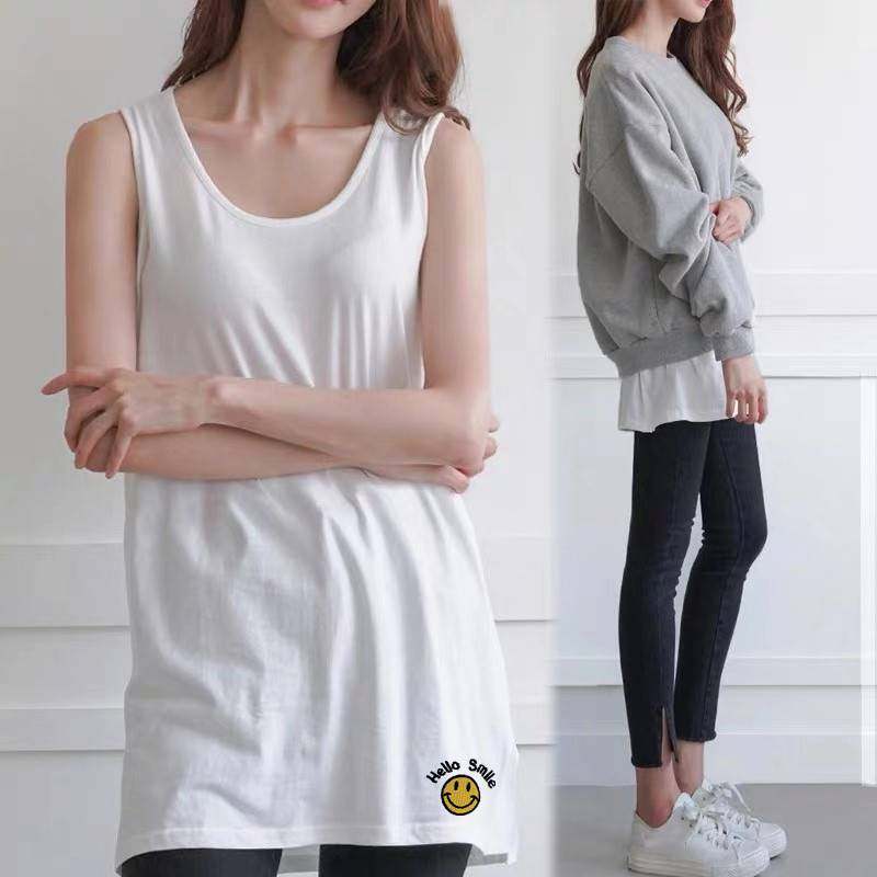 中长款无袖白t背心女打底裙内搭衬裙卫衣叠穿搭配露白边春