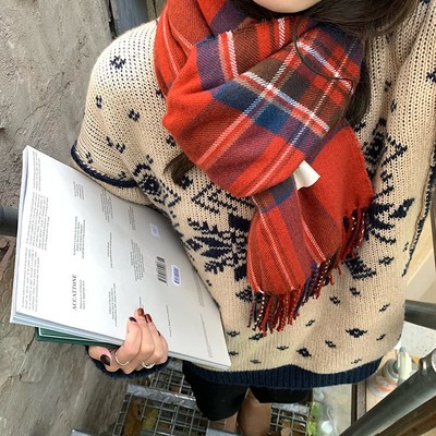 新款仿羊绒格子围巾女ins温暖格纹流苏围巾复古棕色格子秋冬围巾