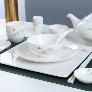 酒店摆台餐具套装餐厅饭店专用陶瓷新中式碗碟摆盘四件套旭日东升
