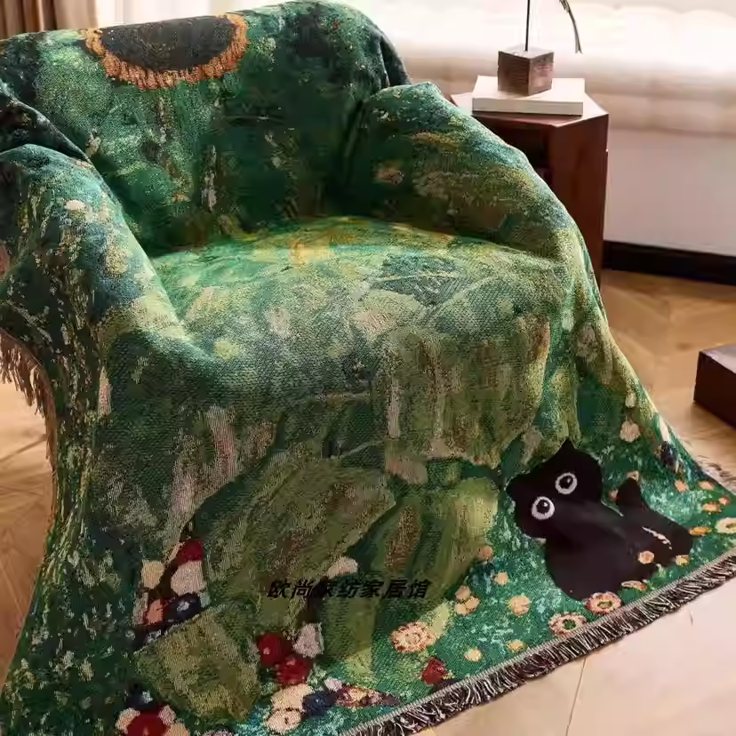 跨境外贸油画中古风沙发毯四季