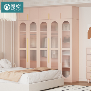 衣柜现代简约樱花粉系列家用卧室一门到顶组合衣柜收纳柜 魔绘法式