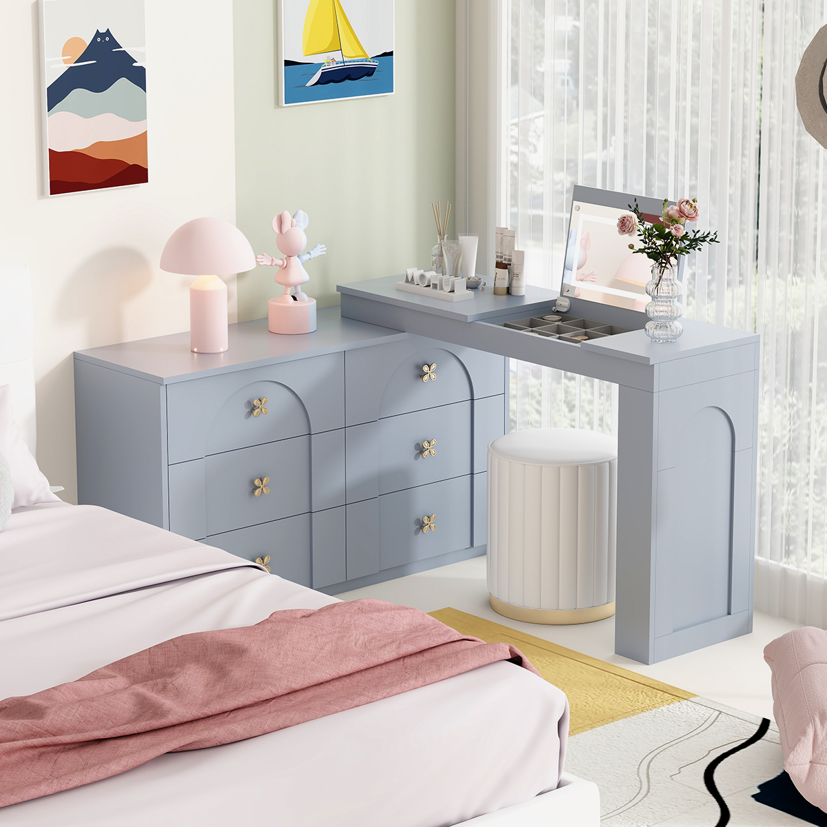 魔绘多巴胺蓝色梳妆台极简纯色床尾斗柜收纳柜组合主卧首饰化妆桌