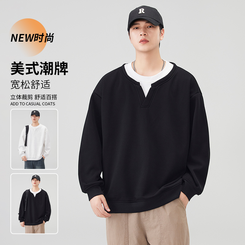 设计感假两件男士卫衣无帽长袖t恤春秋季潮牌休闲百搭男款上衣服，男装卫衣，奇怪漫猴工厂店