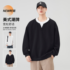 设计感假两件男士卫衣无帽长袖t恤春秋季潮牌休闲百搭男款上衣服，男装卫衣，奇怪漫猴工厂店