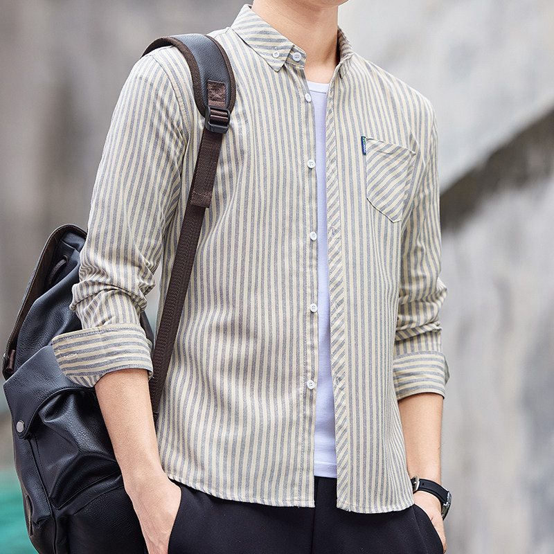 条纹长袖男士衬衫外套上衣服韩版潮流衬衣帅气商务工装休闲，男装衬衫，奇怪漫猴工厂店