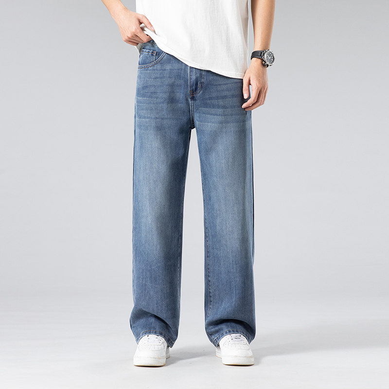 高端冰丝男士九分牛仔裤男春夏秋款宽松阔腿天丝潮牌休闲长裤子，男装牛仔裤，奇怪漫猴工厂店