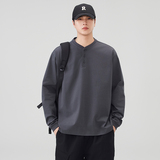 曼巴棉重磅长袖t恤男春秋新款宽松休闲亨利领套头上衣，男装T恤，奇怪漫猴工厂店