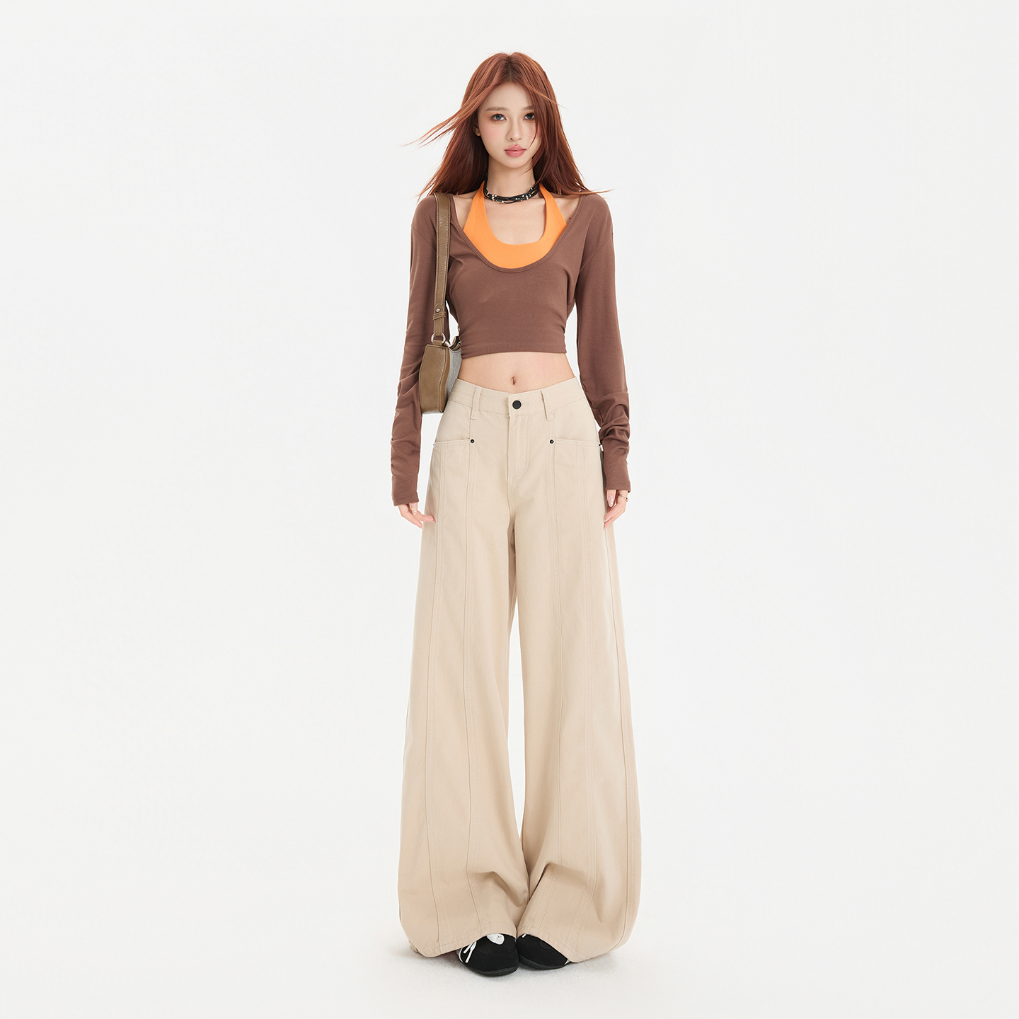 米杏色工装阔腿牛仔裤女新款美式高腰显瘦直筒拖地长裤，女装休闲裤，奇怪漫猴工厂店