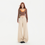 米杏色工装阔腿牛仔裤女新款美式高腰显瘦直筒拖地长裤，女装休闲裤，奇怪漫猴工厂店