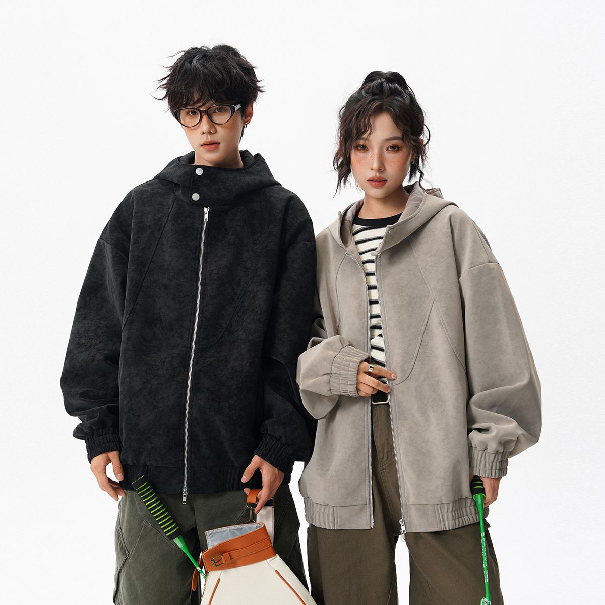 Q港仔文艺男款灰色帽衫春秋男生带帽拉链外套连帽夹克衫男，男装夹克，奇怪漫猴工厂店