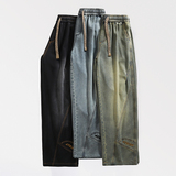 【89】L-9XL美式复古水洗牛仔裤男士秋冬款分割拼接宽松弯刀，男装牛仔裤，奇怪漫猴工厂店