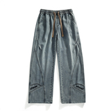 【89】L-9XL美式复古水洗牛仔裤男士秋冬款分割拼接宽松弯刀，男装牛仔裤，奇怪漫猴工厂店