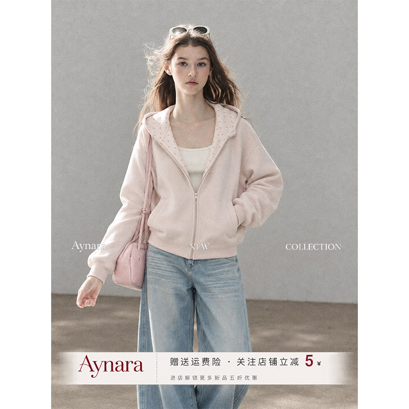 Aynara粉色波点连帽卫衣外套女秋季美式薄款小个子设计感拉链开衫