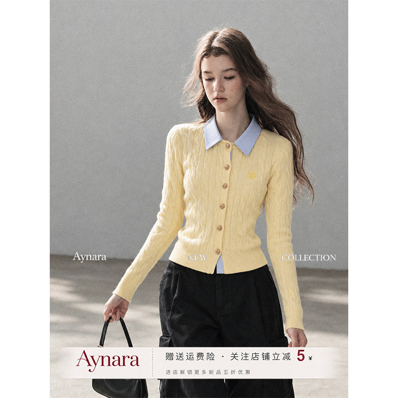 Aynara假两件polo领针织开衫秋冬