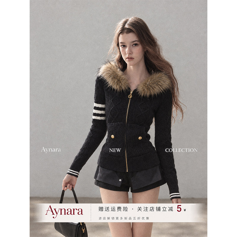 Aynara黑色连帽麻花针织衫女