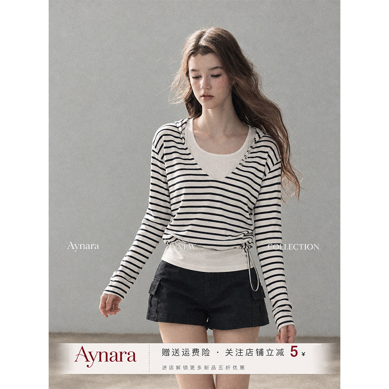 Aynara黑色条纹假两件连帽卫衣