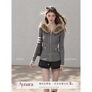 Aynara灰色毛领连帽毛衣外套女秋冬小个子加厚修身紧身针织衫上衣
