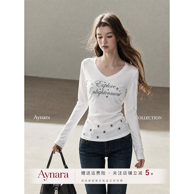 Aymara白色V领修身长袖T恤女