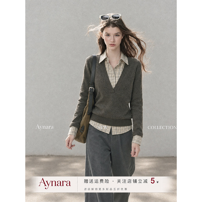 Aynara假两件Polo领短款毛衣女