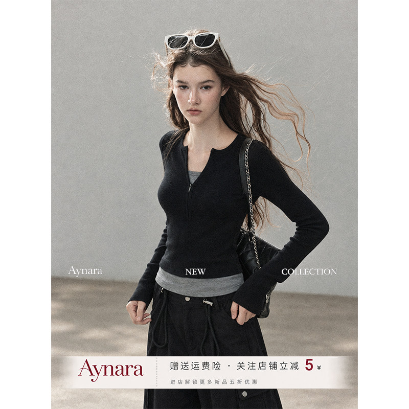 Aynara假两件半拉链V领T恤女