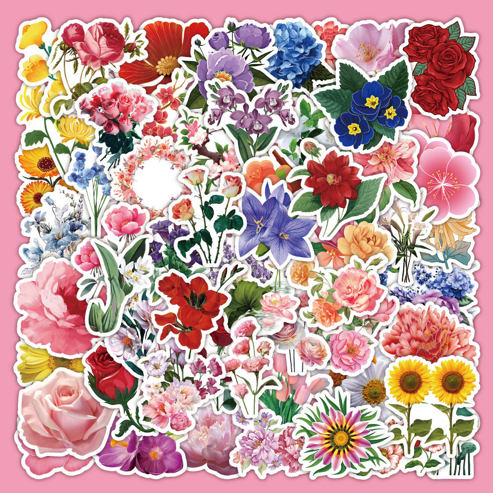 60张原创花朵卡通贴纸手账装饰滑板车收纳盒汽车贴画厂家