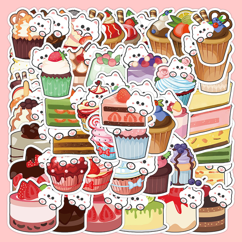 60张原创蛋糕可爱小猫贴纸手账手机壳滑板车行李箱贴画厂家