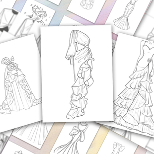 高级感礼服裙贴纸oc服装设计创意手绘线稿手账素材diy装饰自粘贴