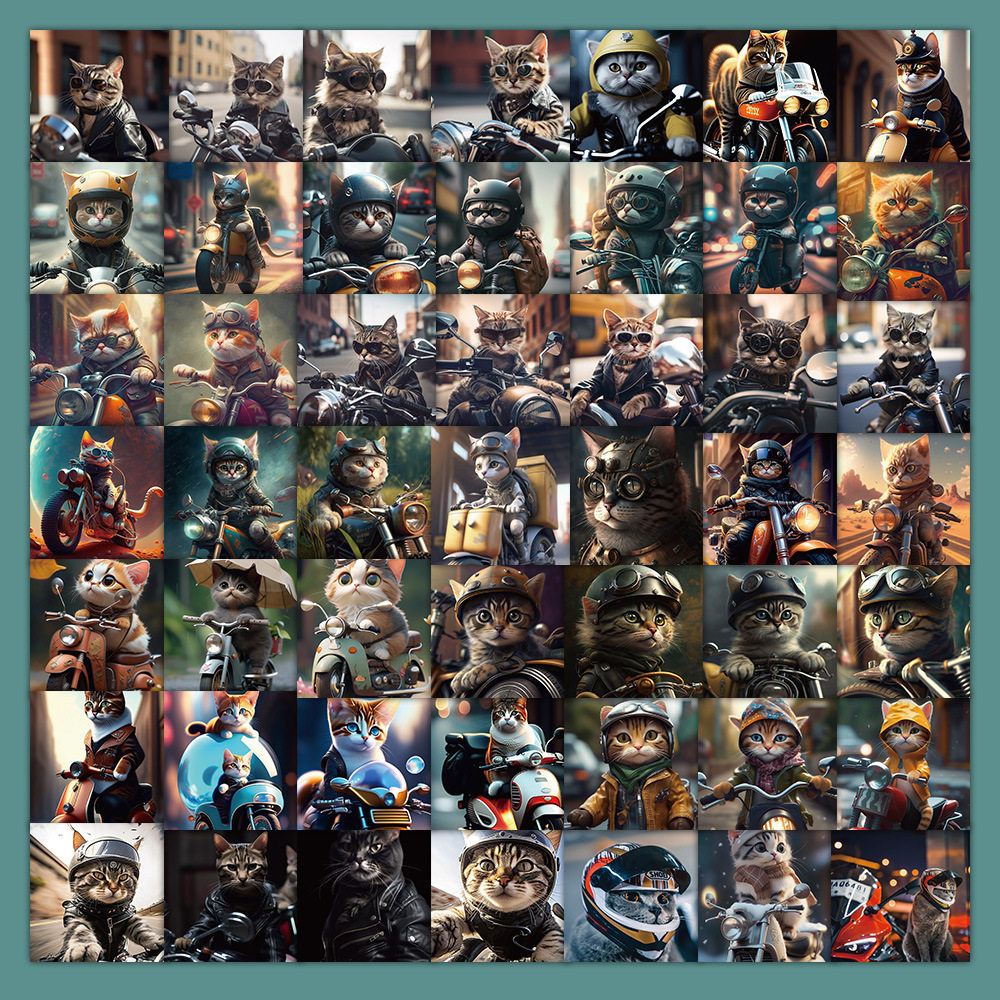 60张骑摩托的猫手账贴纸炫酷机车小猫 装饰笔记本手机壳贴画