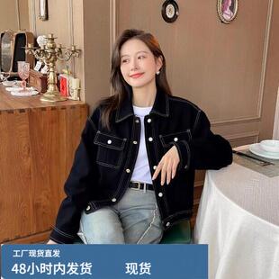 蓝色牛仔外套女款春秋季2026新款小个子显瘦bf风短款明线工装上衣