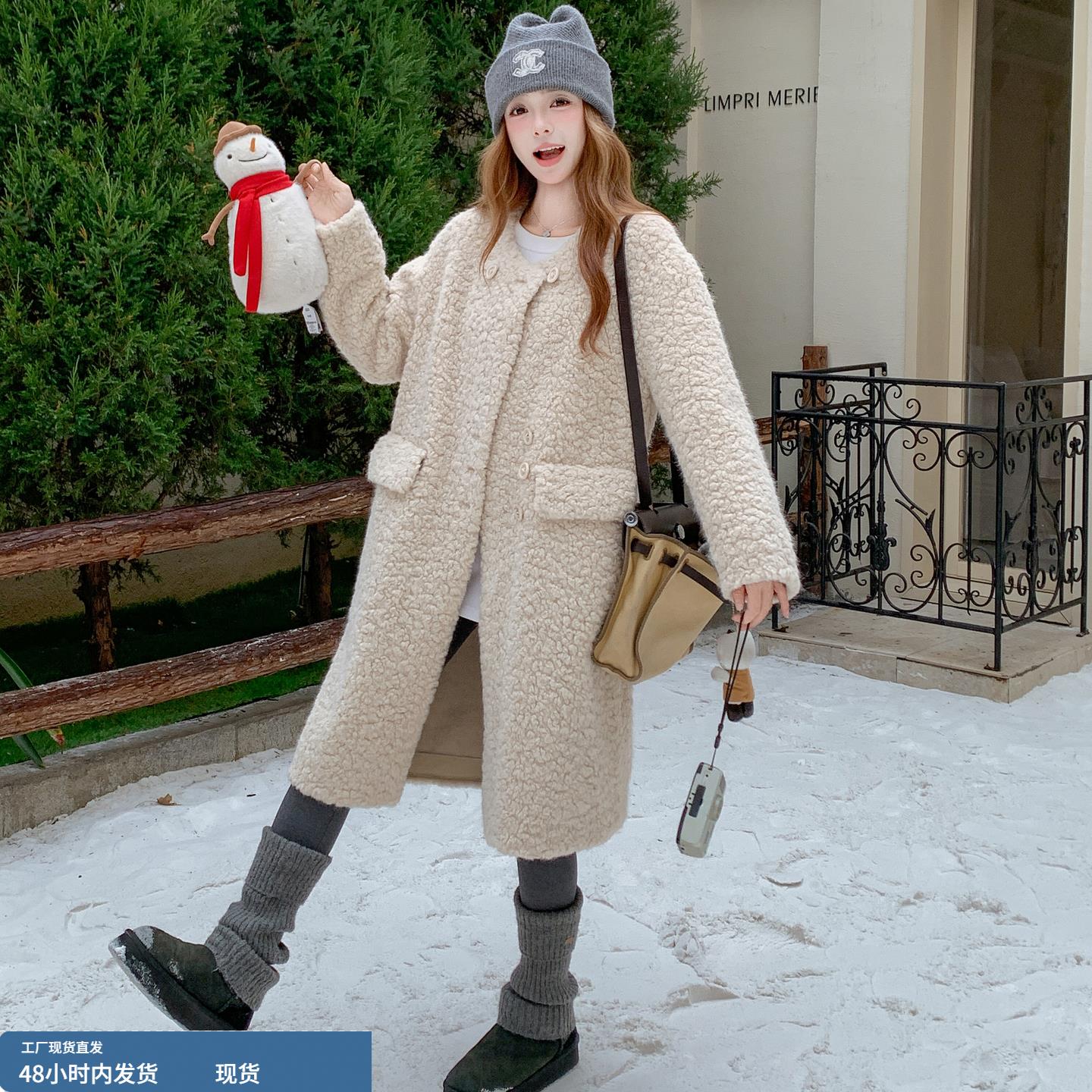 韩版流行皮毛一体大衣女2025年冬季新款中长款保暖加厚羊羔毛棉服