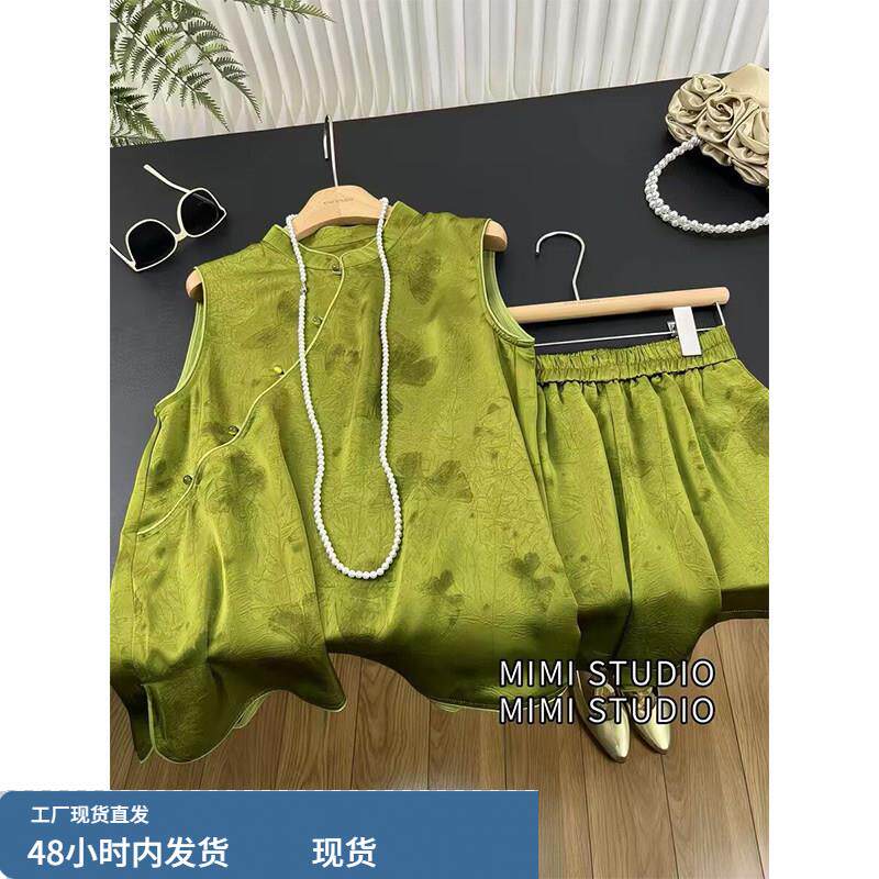 大码300斤胖妹妹新中式国风仿醋酸套装女夏季无袖背心短裤两件套2