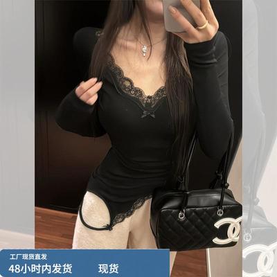 纯欲黑色v领蕾丝不规则长袖t恤女春秋季修身内搭打底衫小个子上衣