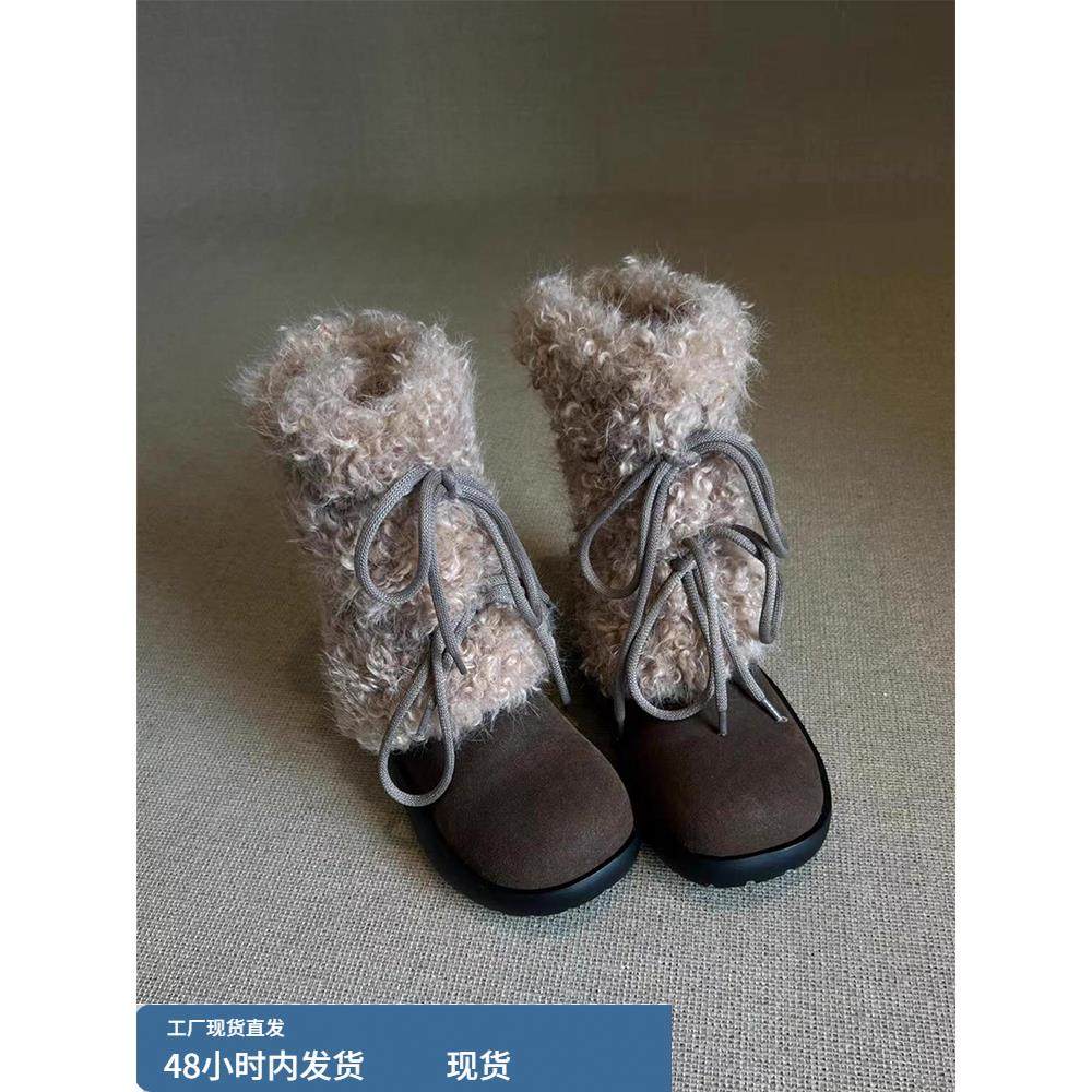 覆古厚底棕色靴子加绒加厚短靴女款2025冬季新款保暖毛毛鞋雪地靴