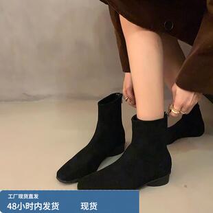韩版小众粗跟短筒靴女款靴子春夏季覆古杏色短靴瘦瘦裸靴法式女靴
