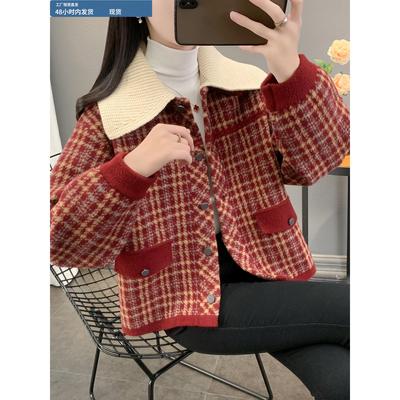 小香风红色外套女短款2025新款春秋时尚宽松加厚休闲上衣针织开衫