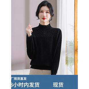 新款天鹅绒打底衫女秋冬内搭半高领针织衫黑色洋气毛衣短款上衣厚