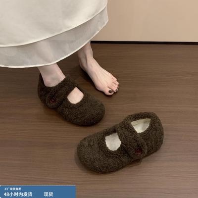 厚底内增高加绒毛毛鞋女勃肯鞋2025新款冬季爆款玛丽珍豆豆棉鞋子