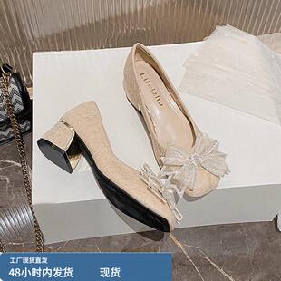 小香风中跟高跟鞋女2025春秋季新款网红百搭晚晚鞋配裙子绝美单鞋