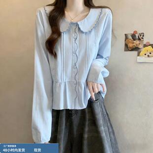 春装女款2026年新款爆款法式娃娃领正肩衬衫显瘦巨好看长袖短上衣
