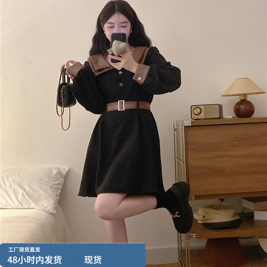 秋冬法式复古灯芯绒长袖连衣裙大码女装胖mm收腰显瘦时尚气质裙子