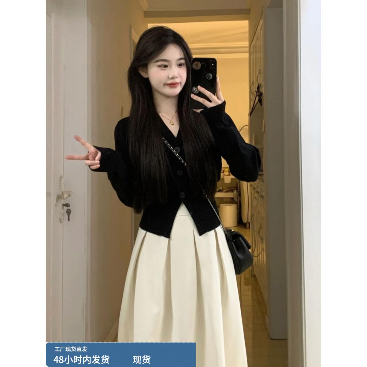 黑色显瘦v领针织衫外套女秋冬内搭打底毛衣开衫高级感别致上衣潮