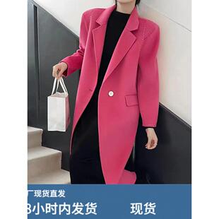 玫红色双面羊毛大衣女25年秋冬新款西装领宽松显瘦中长款毛呢外套