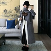毛呢外套 秋冬韩系高级感围巾款 灰色双面羊绒大衣女中长款 2024新款