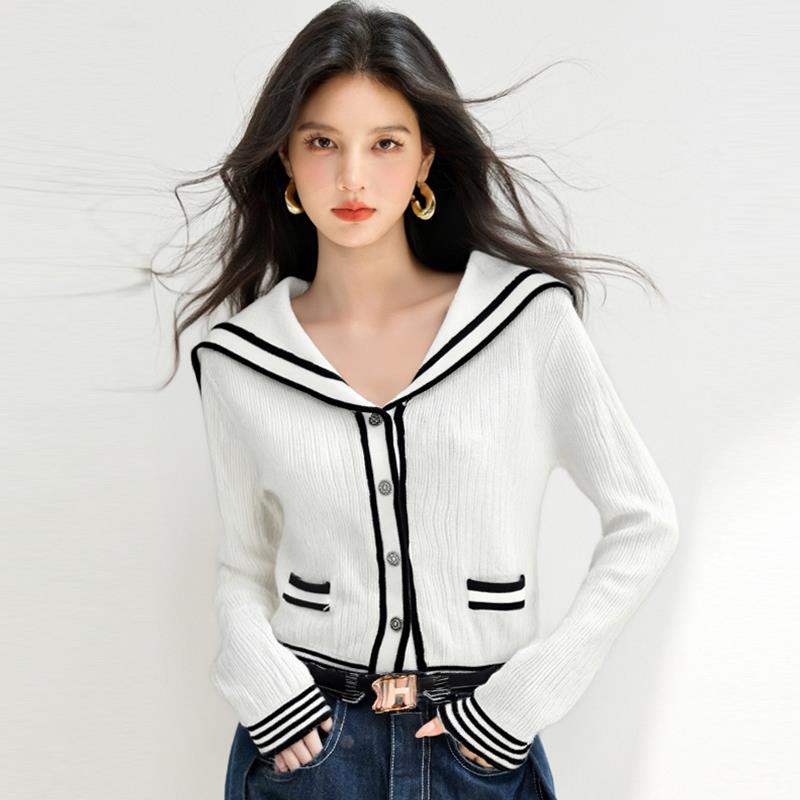 毛衣女秋冬高级感海军领内搭打底开衫可外穿白色针织衫短款上衣女