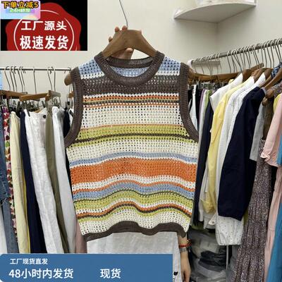 Compos08-85212针织背心25夏季 韩系时尚宽松无袖条纹镂空上衣女