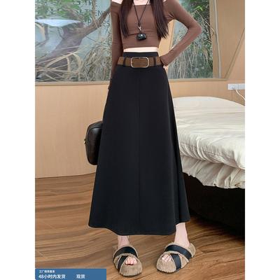 黑色毛呢半身裙女秋冬长款梨型身材a字伞裙高腰垂感大摆半身长裙