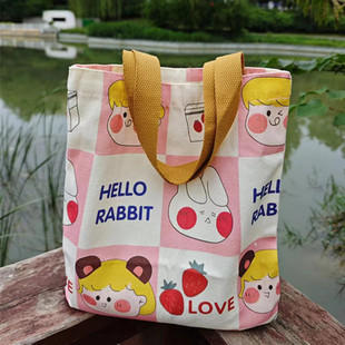 新款 清新帆布袋日系手提袋可爱卡通补习便当包小号学生袋女手拎包