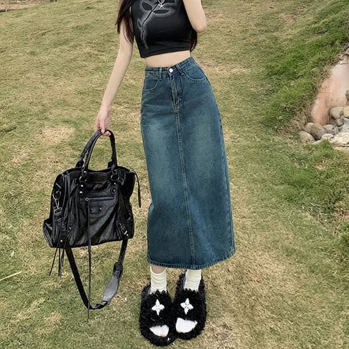 High waisted denim skirt A-line mid length skirt for women,